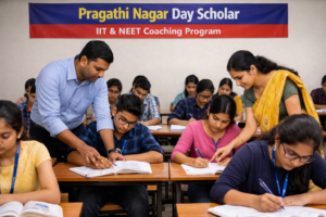 Students attending structured IIT and NEET coaching under Pragathi Nagar Day Scholar program with supervised study session