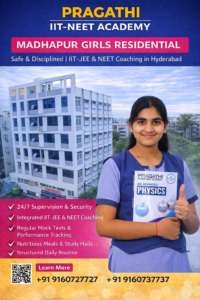 Pragathi IIT NEET Academy Madhapur Girls Residential student holding JEE Advanced Physics book with academy campus building in Hyderabad.