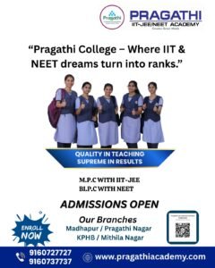 Pragathi Junior College campus building in Hyderabad with modern infrastructure for MPC and BiPC students 2026