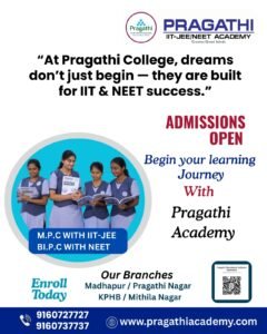Pragathi Junior College Admissions 2026 students studying on modern campus with IIT JEE and NEET coaching facilities in Hyderabad
