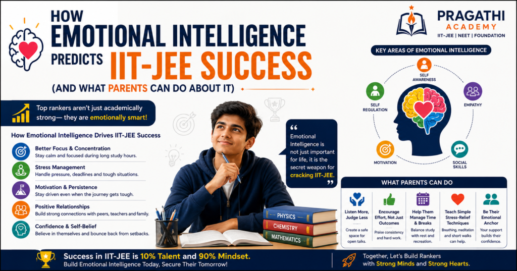 A focused IIT-JEE aspirant studying while balancing emotions, stress management, resilience, and academic preparation, with parents providing support and guidance.