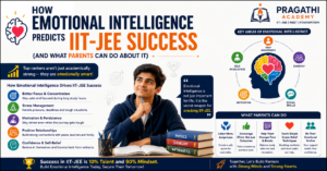 A focused IIT-JEE aspirant studying while balancing emotions, stress management, resilience, and academic preparation, with parents providing support and guidance.