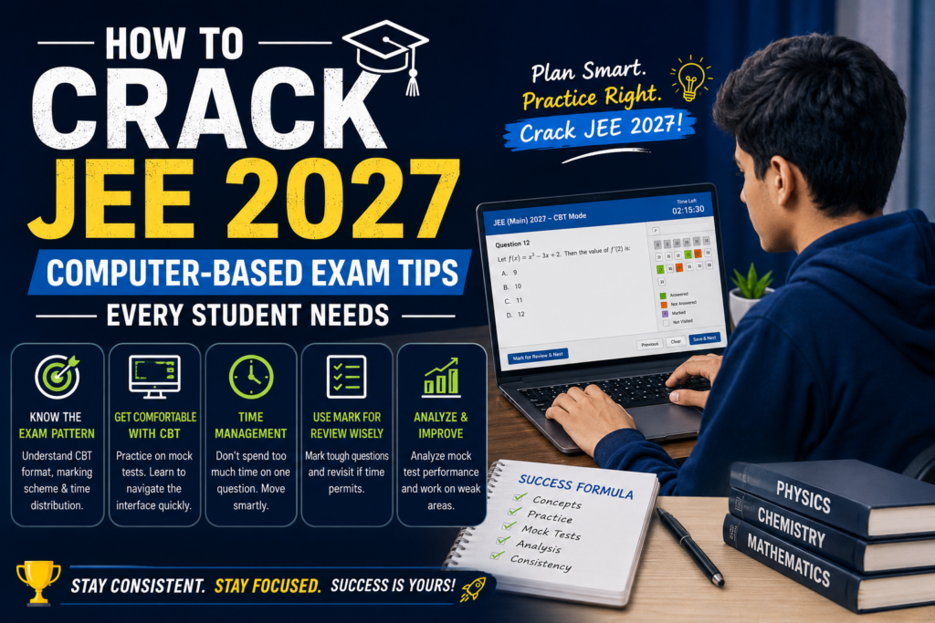 JEE 2027 computer-based exam preparation guide with Physics Chemistry Mathematics study strategy