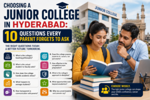 A parent and student discussing junior college admission options in Hyderabad while reviewing academic programs, career guidance, faculty quality, and future educational opportunities.