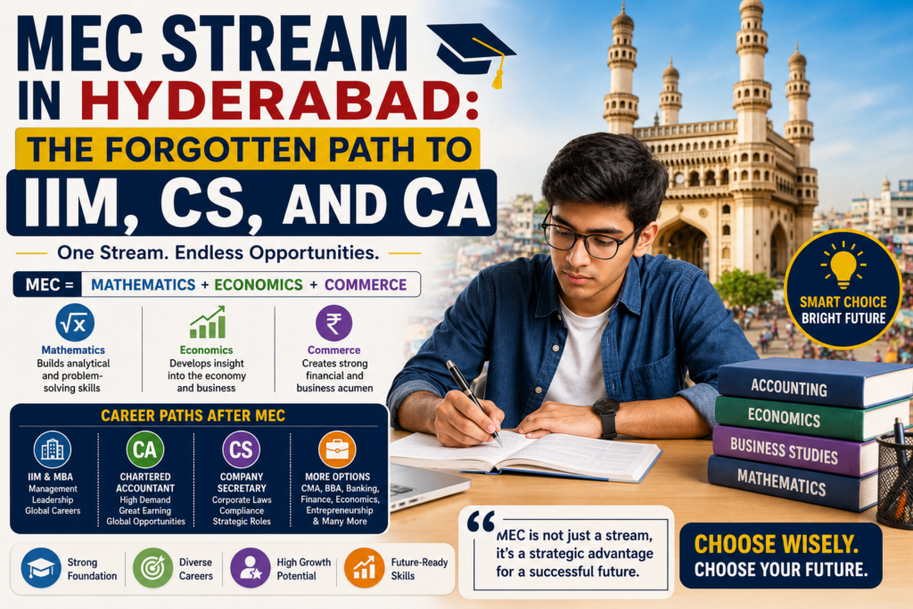 A student studying commerce subjects with Hyderabad city landmarks in the background, highlighting MEC stream opportunities leading to IIM, Chartered Accountancy, Company Secretary, and business careers.