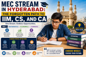 A student studying commerce subjects with Hyderabad city landmarks in the background, highlighting MEC stream opportunities leading to IIM, Chartered Accountancy, Company Secretary, and business careers.