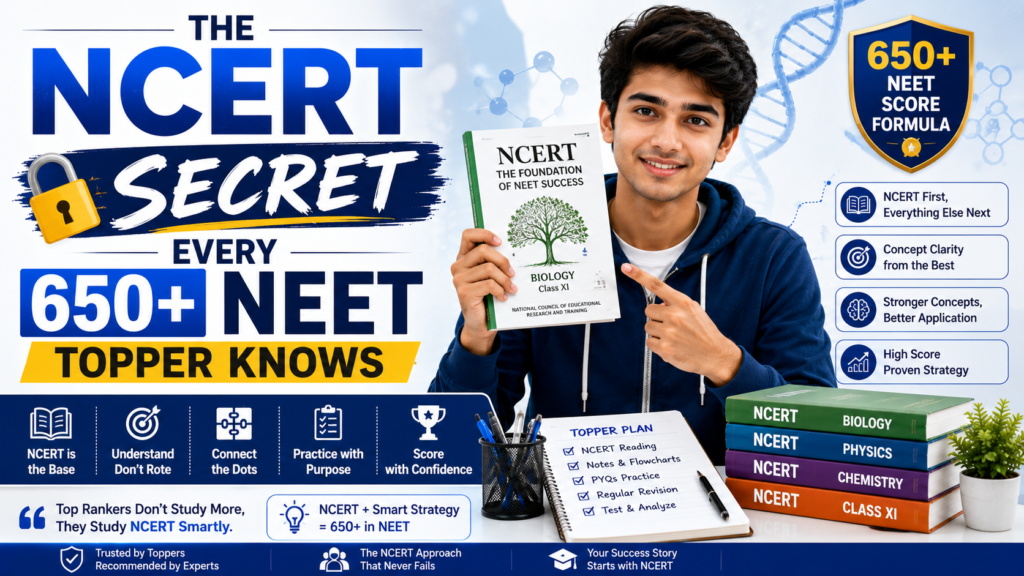 NEET aspirant studying NCERT Biology Chemistry and Physics books with smart revision strategy for 650 plus score