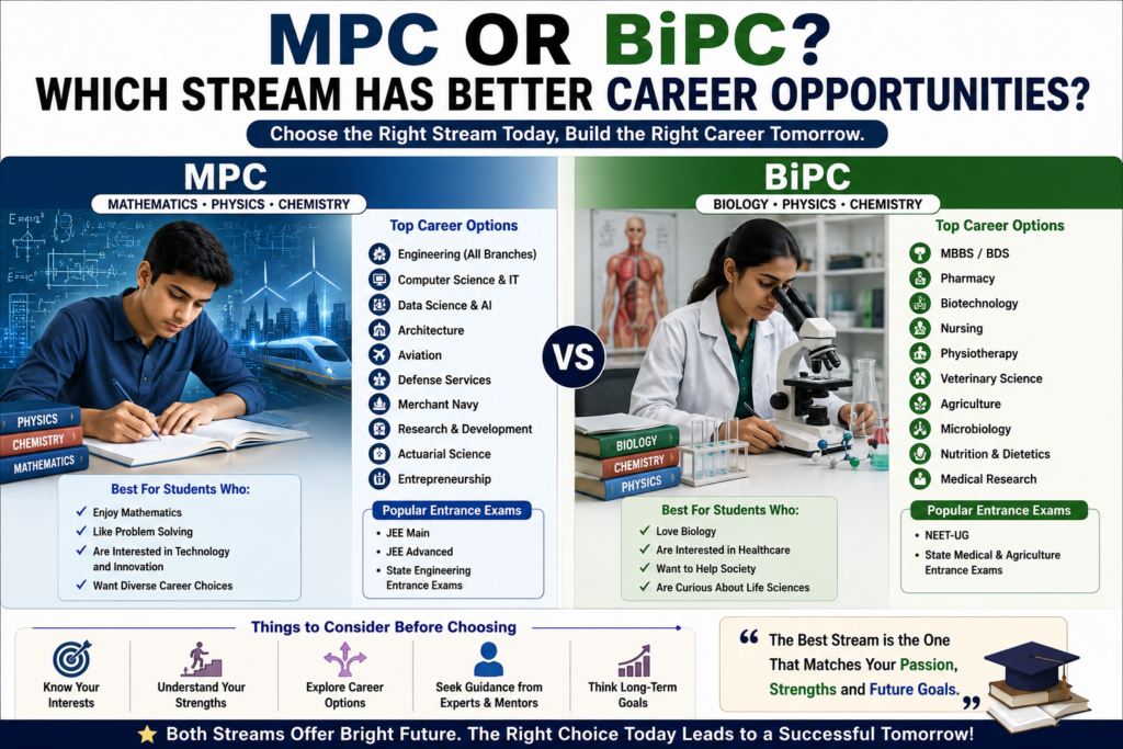 MPC vs BiPC career comparison for Class 10 students showing engineering, medical, NEET, JEE, and future career opportunities