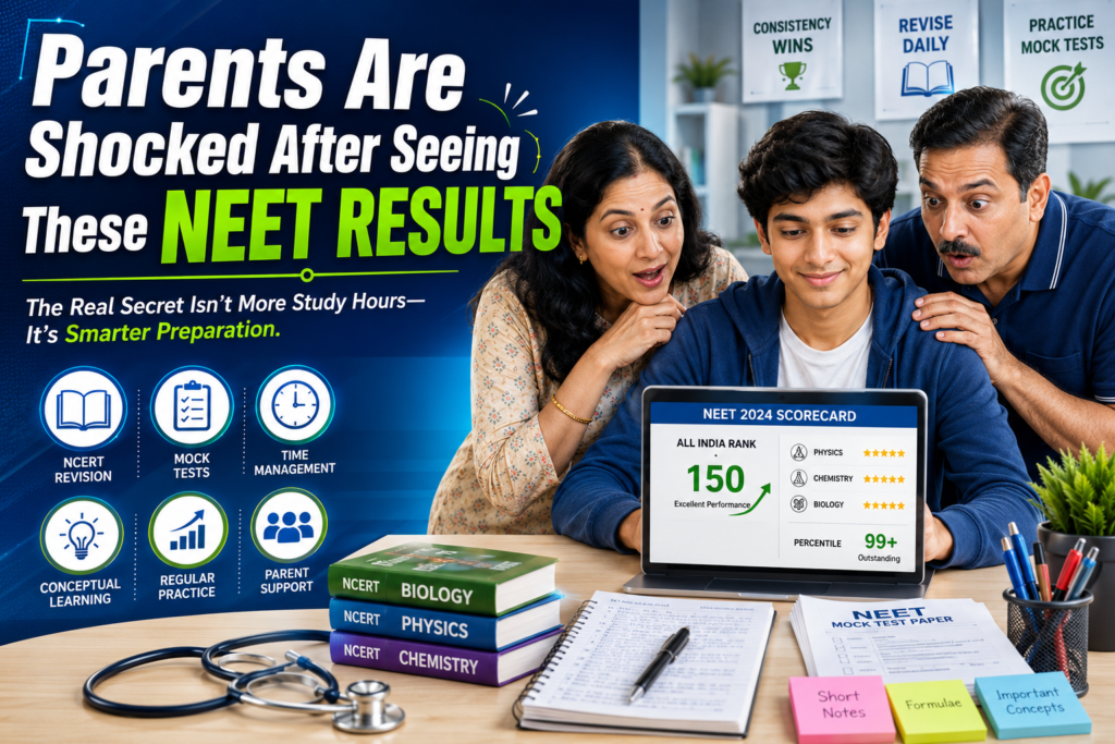 Parents reviewing NEET results with student studying NCERT Biology Physics Chemistry and mock test papers for medical entrance preparation