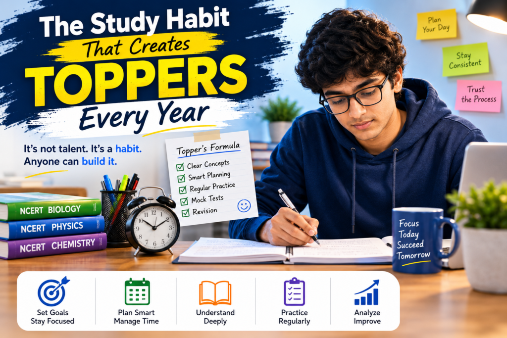 Student following daily revision study habit with NCERT books mock tests and study planner for NEET JEE topper preparation