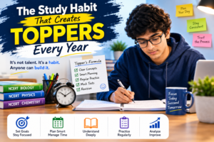 Student following daily revision study habit with NCERT books mock tests and study planner for NEET JEE topper preparation