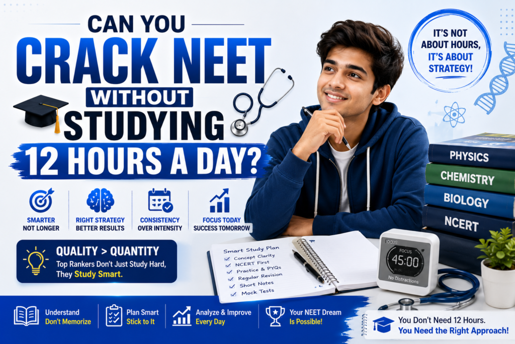 NEET aspirant following a smart study plan with Biology Physics Chemistry books instead of studying 12 hours daily