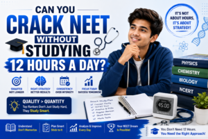 NEET aspirant following a smart study plan with Biology Physics Chemistry books instead of studying 12 hours daily
