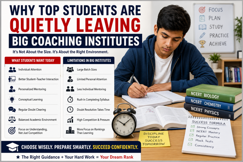 NEET and JEE aspirant choosing personalized coaching over big coaching institutes with NCERT books and smart study plan