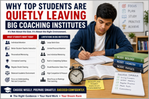 NEET and JEE aspirant choosing personalized coaching over big coaching institutes with NCERT books and smart study plan